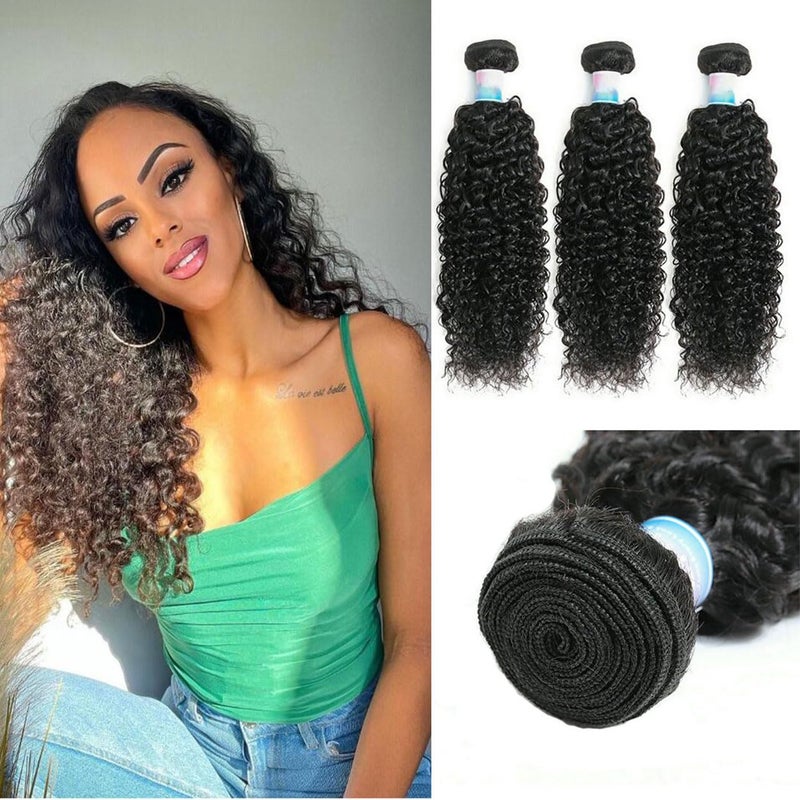 EMOL Kinky Curly Human Hair Bundles - Thick Curly Weave, Virgin Hair, Full Head, Natural Black Color, Can Be Dyed - 3 Bundles Total, 300g, 10-14 Inch - Image 1